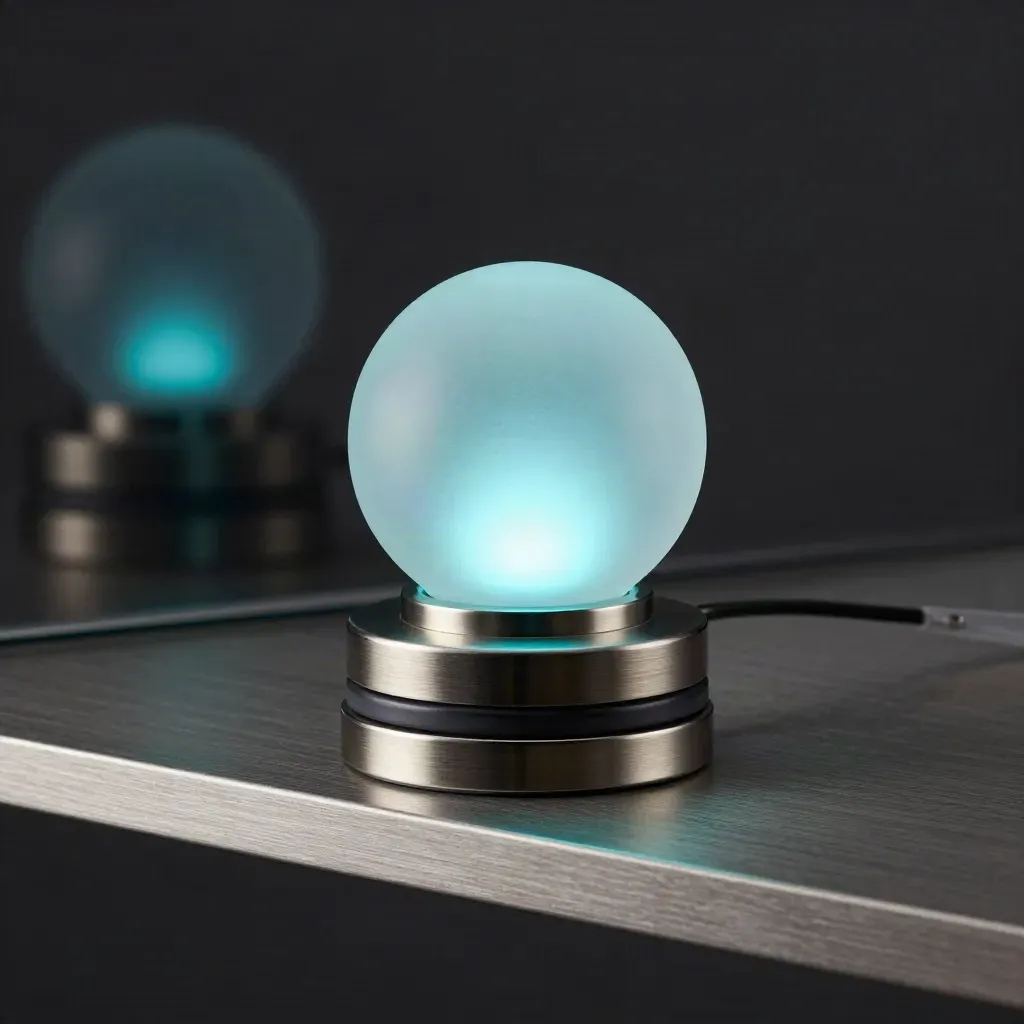 Slim radar-like crypto alert device, frosted glass puck and ceramic ring on a brushed metal shelf.