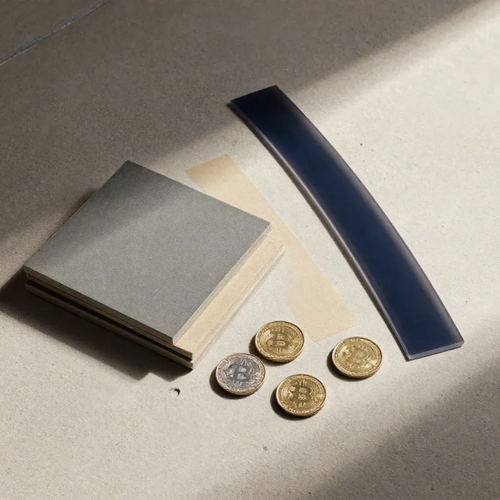 Overhead flat lay of matte score tiles, coin markers, and a translucent strip on concrete.