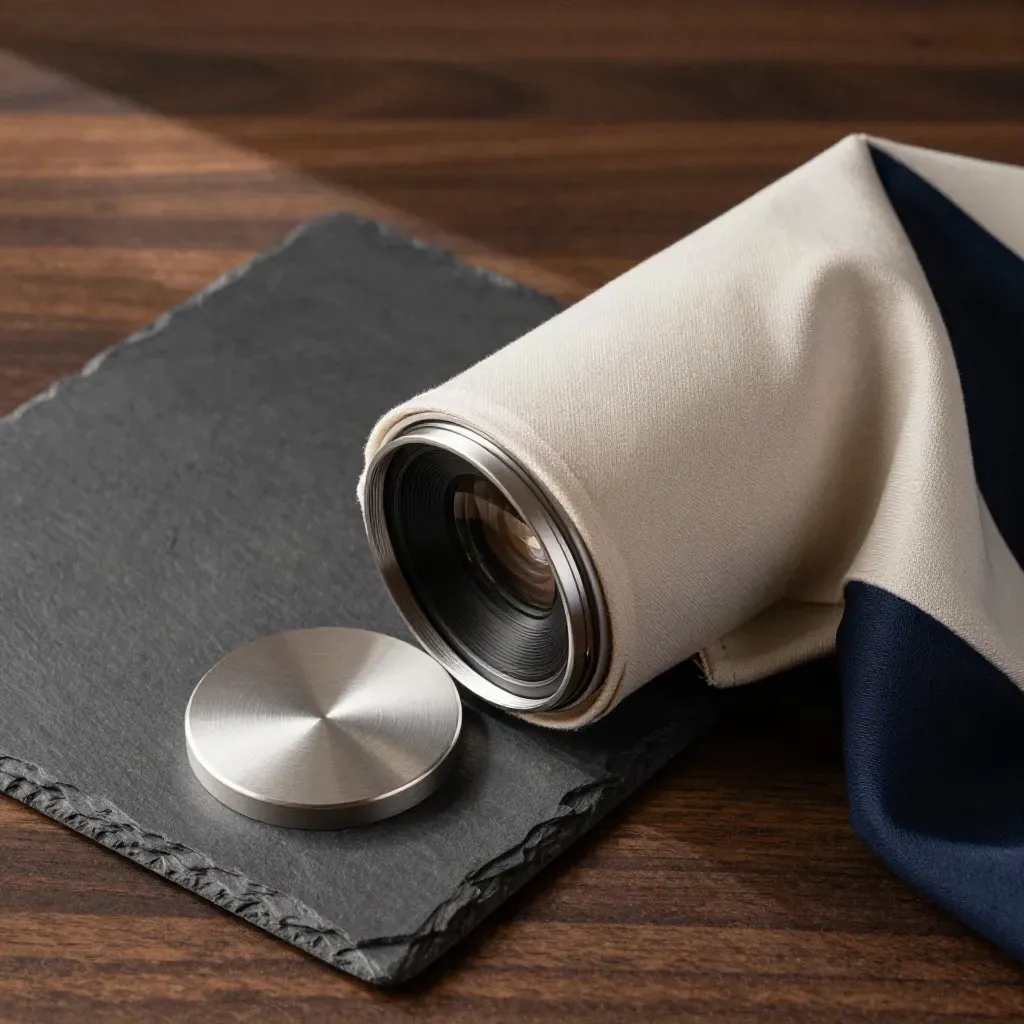 Brushed metal crypto portfolio module with cloth wrap and disk stand on dark wood.