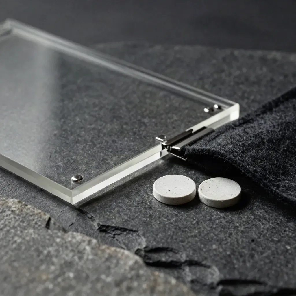 Smoked acrylic sheets mid-snap beside felt sleeve and matte tokens on dark stone