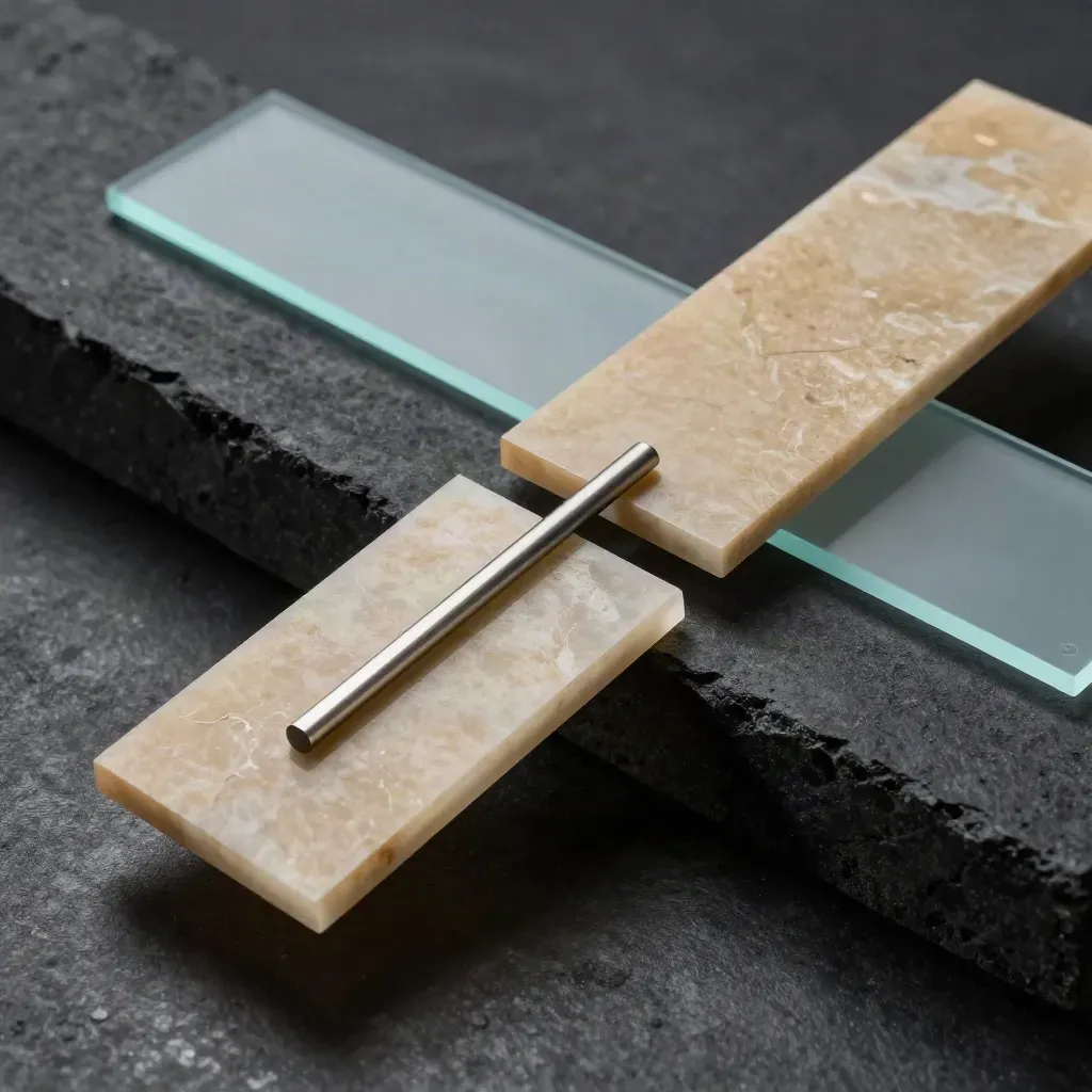 Dark studio shot of acrylic market spread tiles and a metal marker on stone.
