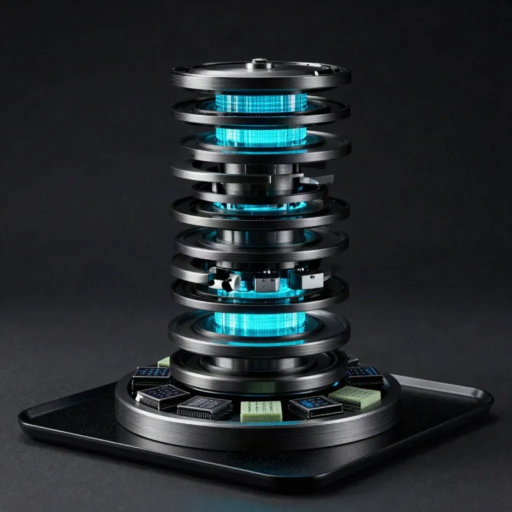 Glowing crypto alert tower with cyan rings and signal pods on a black tray.