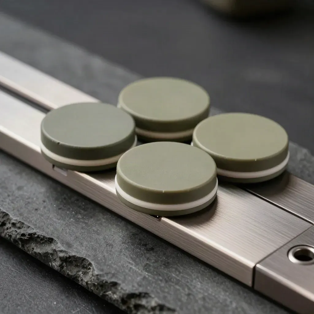 Wallet monitor dock with four pucks on dark stone, dust drifting, raking light.