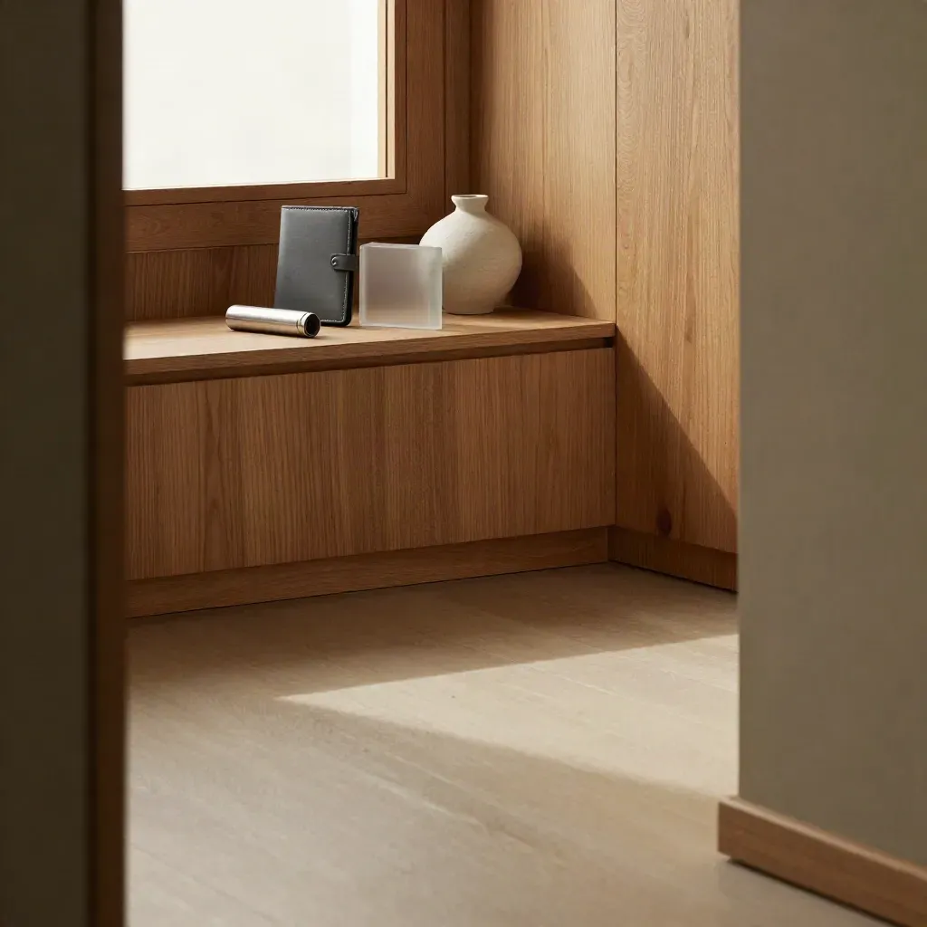 Cedar interior with crypto wallet tools on a bench and calm floor space for copy.